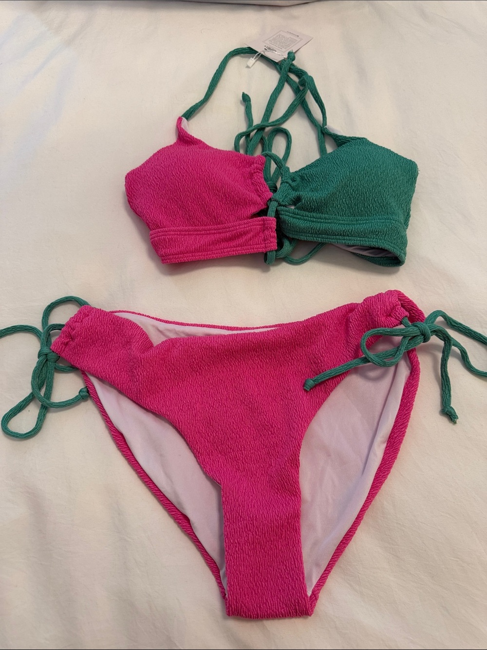 Two-Tone Pink and Green Textured Bikini Set